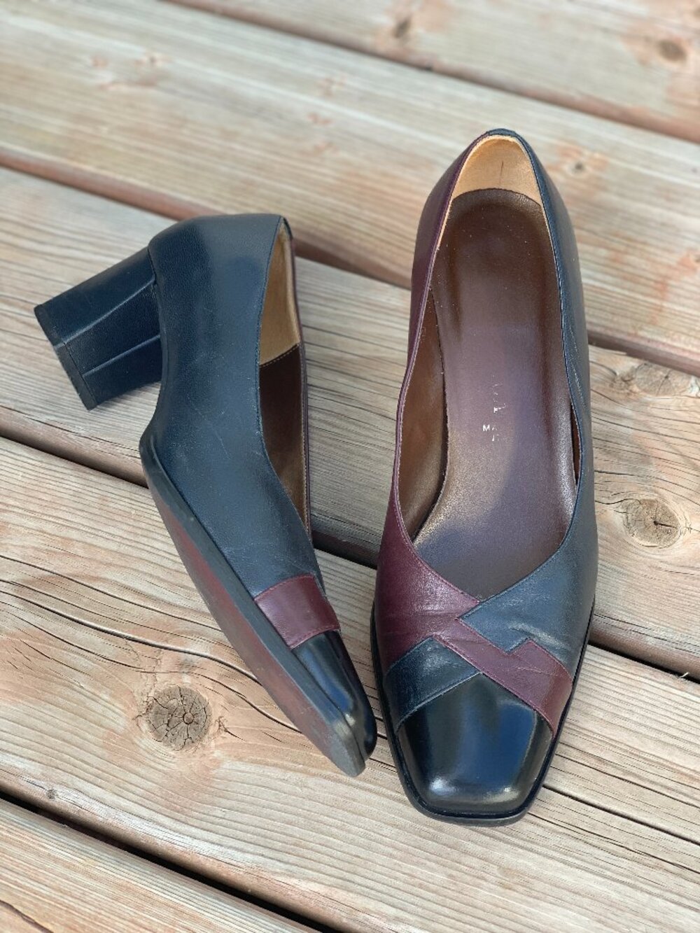 Vintage Square Toe Pump Loafer 8 Burgundy Navy Black Colorblock Mid Block Heel